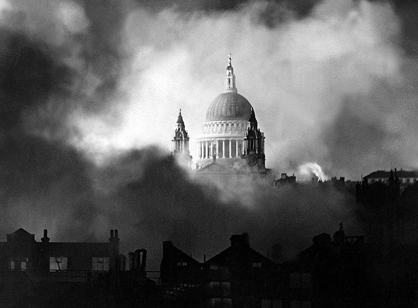 St Pauls Cathedral surrounded by fire and smoke after a Luftwaffe bombing raid in World War 2