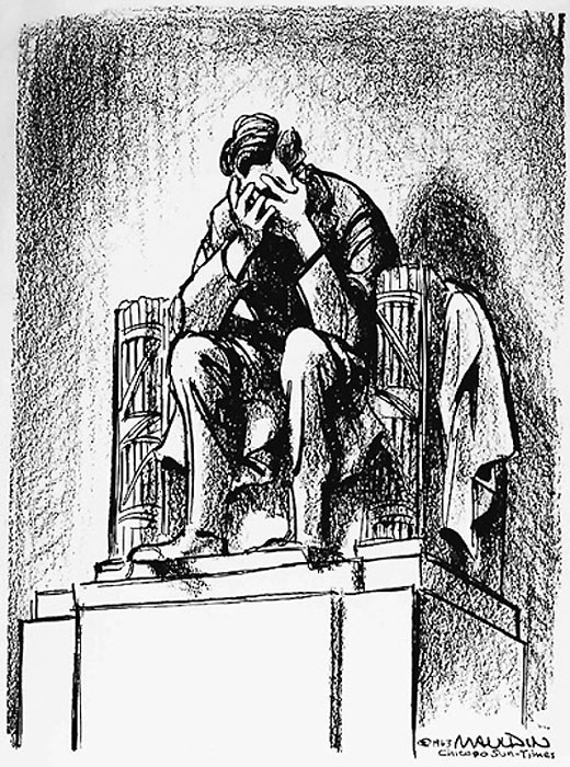 Mauldin cartoon: Lincoln weeps after the Kennedy assassination