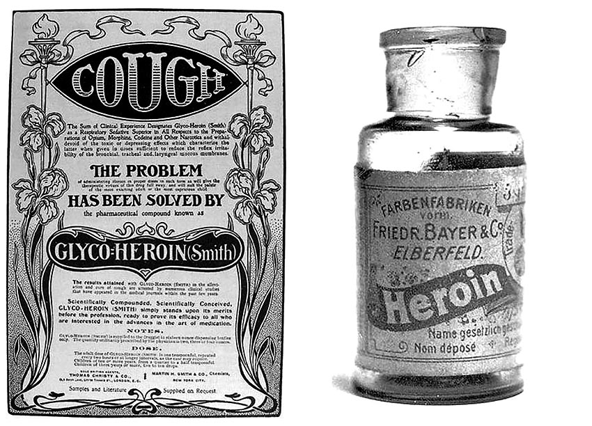 ad for and a bottle of Bayer's heroin cough syrup in the early 1900s