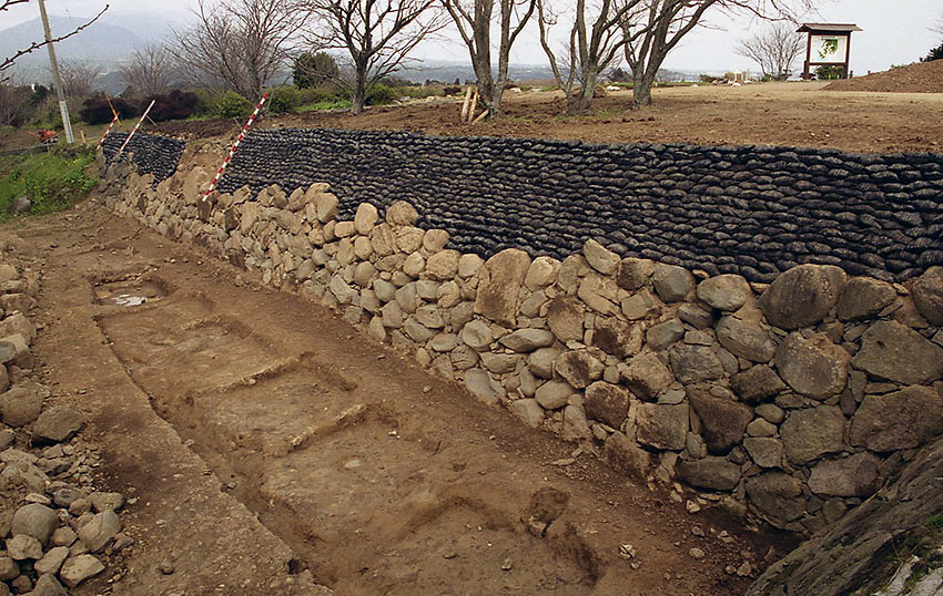 remains of semi-underground type huts at ruins of Hara Castle, Nagasaki