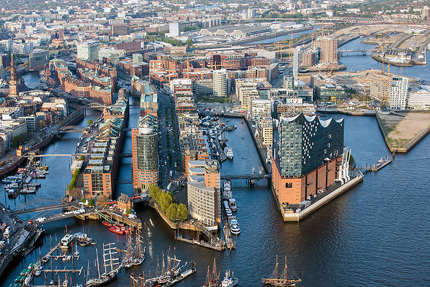 aerial view of the Elbphilharmonie, Hafencity, and the warehouse district, Speicherstadt, Hamburg