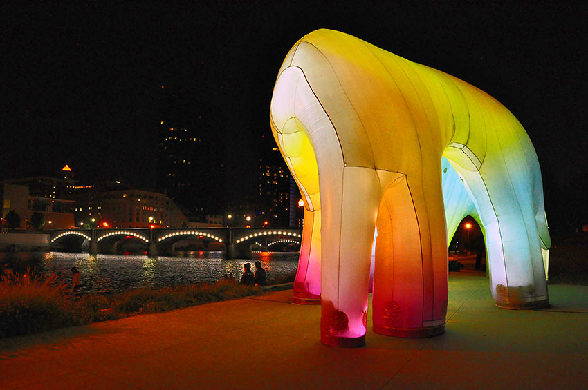 the inflatable sculpture “Light Cave” at Ah-Nab-Awen Park on the Grand River, at night