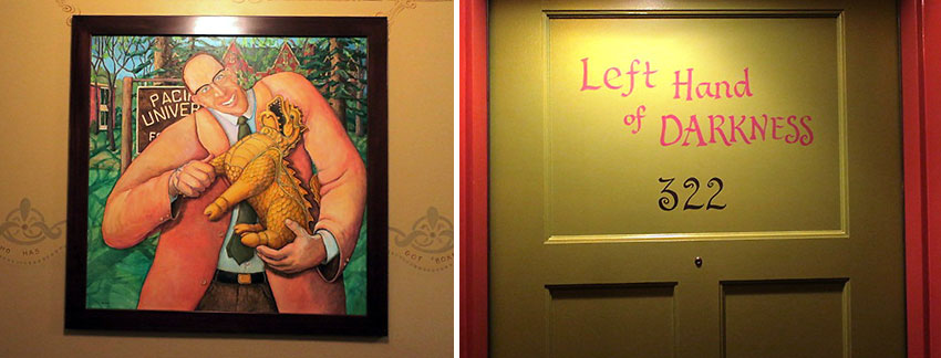 bizarre picture adorns a wall and a door inscription, McMenamins Grand Lodge