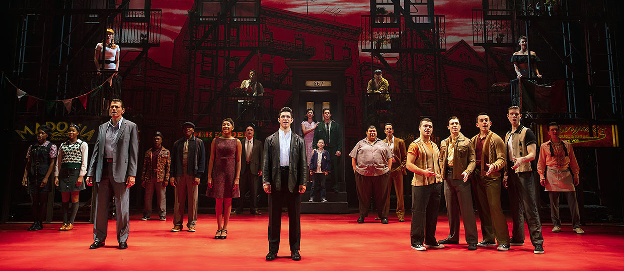 the entire cast of the National Touring Production of “A Bronx Tale” on stage at the Pantages Theatre