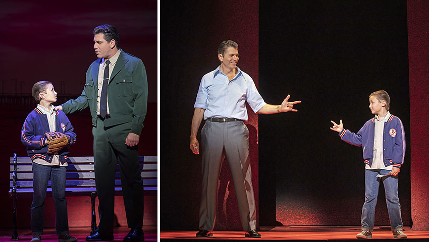 stage scenes with young Calogero (Frankie Leoni) with his father Lorenzo (Richard H. Blake) and gangster Sonny (Joe Barbara)