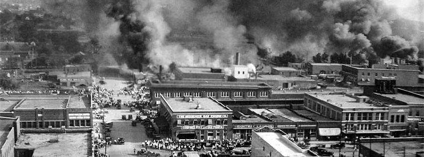 fires raging during the 1921 race riot in Greenwood, Tulsa