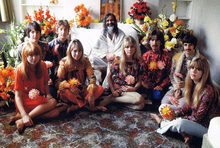 Jane Asher, Paul McCartney, John Lennon, Cynthia Lennon, Pattie Boyd, George Harrison, Maureen Starr and Ringo Starr pose with Maharishi Mahesh Yogi