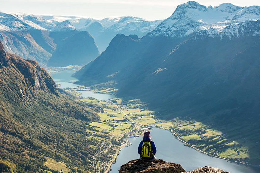 view of Norway's fjord country from atop Mount Hoven