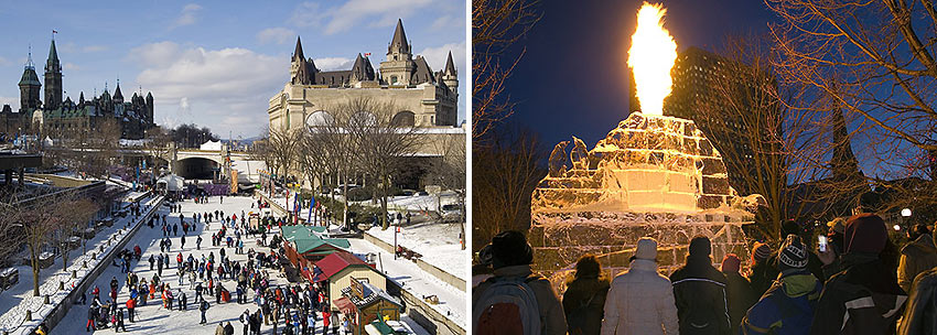 the Rideau Canal Skateway and Winterlude ice sculpture in Confederation Park, Ottawa