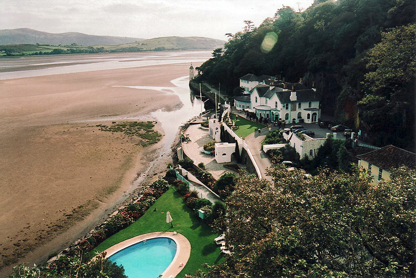 the beach at Port Meirion Village, North Wales, UK