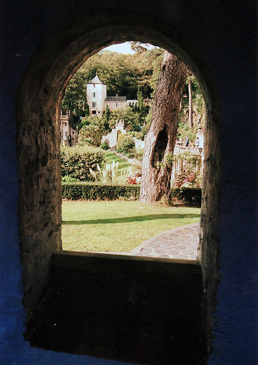 view of Port Meirion Village from a window