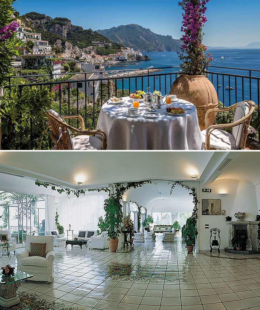 exterior (with the Amalfi coast in the background) and interior views of the Hotel Santa Caterina