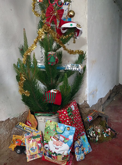 Christmas tree with presents at the writer's host residence