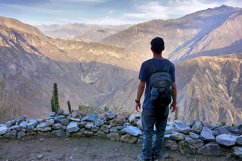 writer during hike at the Colca Canyon, Peru