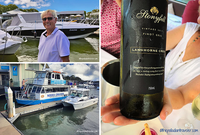 at the Noosa Marina in Tewantin with Ron and a bottle of chilled Aussie Pinot Gris