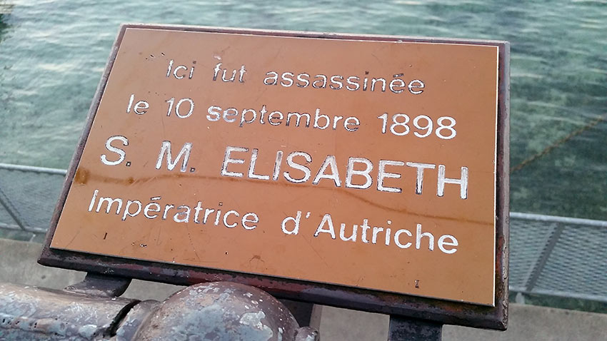 plaque devoted to Empress Elisabeth of Austria who was stabbed to death in 1898 by an Italian anarchist