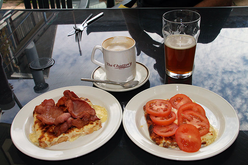 Welsh Rarebit, served with back bacon or tomatoes