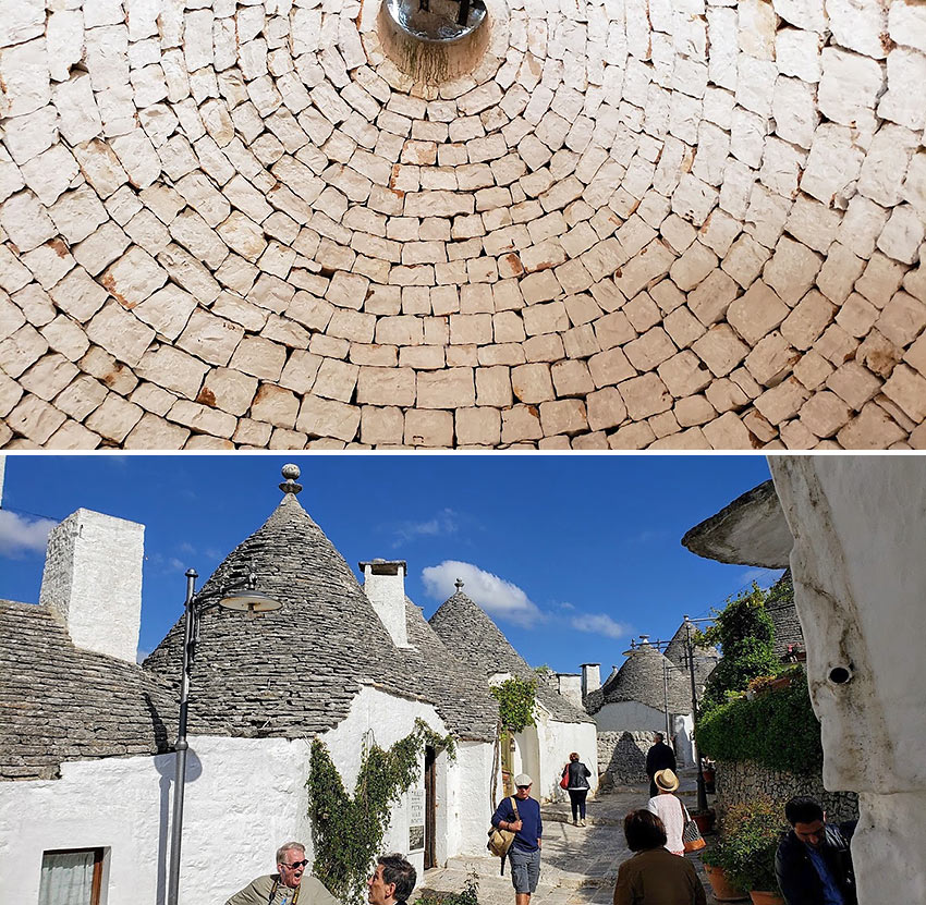 the trulli of Alberobello and a view under one of the domed, conical roofs