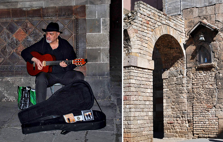 guitarist playing in Barcelona's Gothic Quarter; an arched structure at the Gothic Quarter