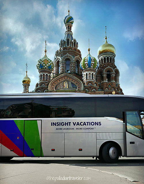 Insight Vacations bus at the the Church of Our Savior on the Spilt Blood, St. Petersburg