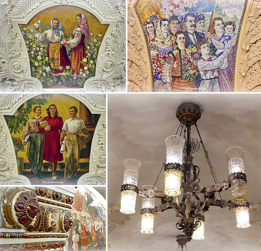 reflective marble walls, high ceilings, artwork and grandiose chandeliers at the Moscow Metro subway