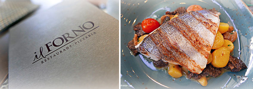 menu and frilled salmon at the il Forno restaurant