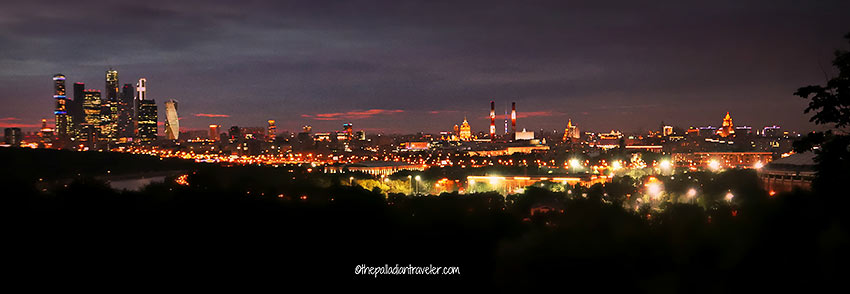 view of Moscow proper at night from Vorobyovy Gory (Sparrows Hill)