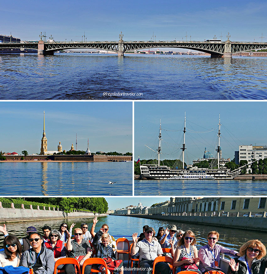 the Troistkiy Most (Trinity Bridge), Peter and Paul Fortress, the sail training ship Mir and boat passengers at the Fontanka