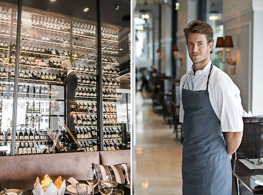 Hotel d'Angleterre wine cellar and chef at his kitchen