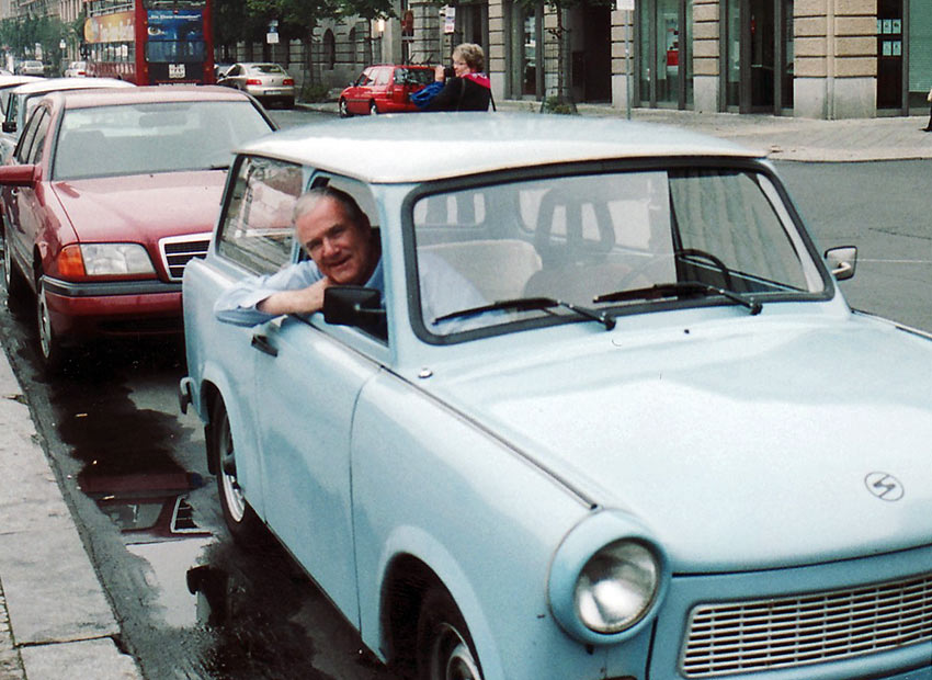 writer John Clayton in a Trabant