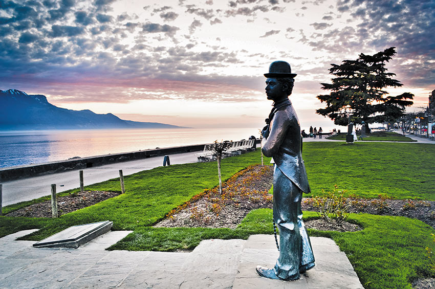 statue of Charlie Chaplin on the shores of Lake Geneva, Switzerland