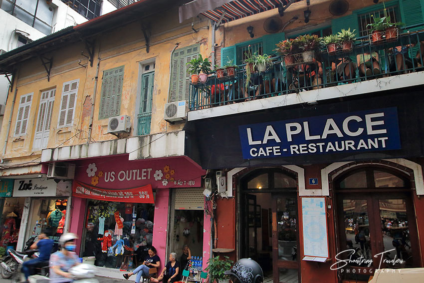 shops and cafes at French colonial-style buidings, Hanoi