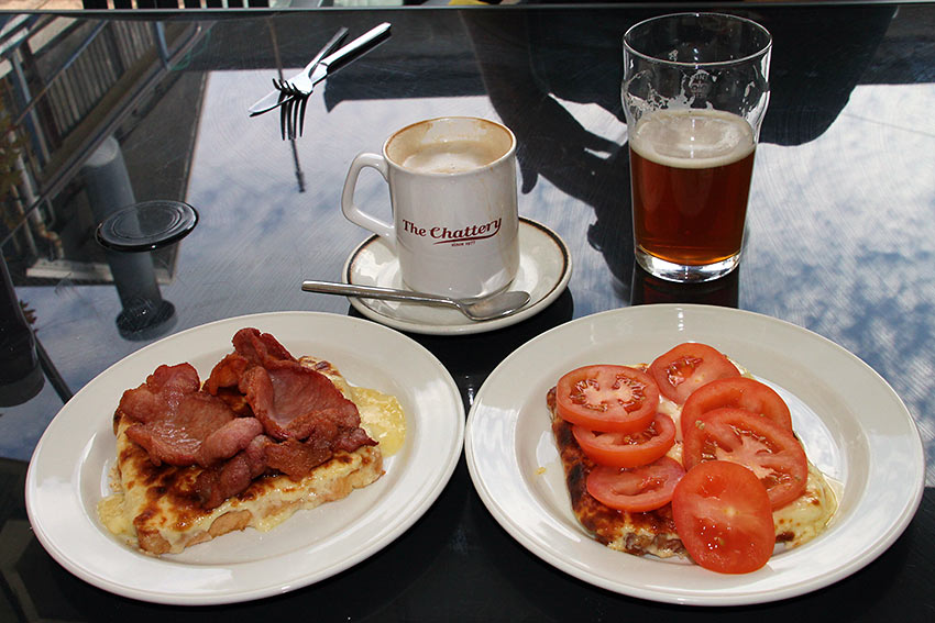 Welsh Rarebit, served with back bacon or tomatoes