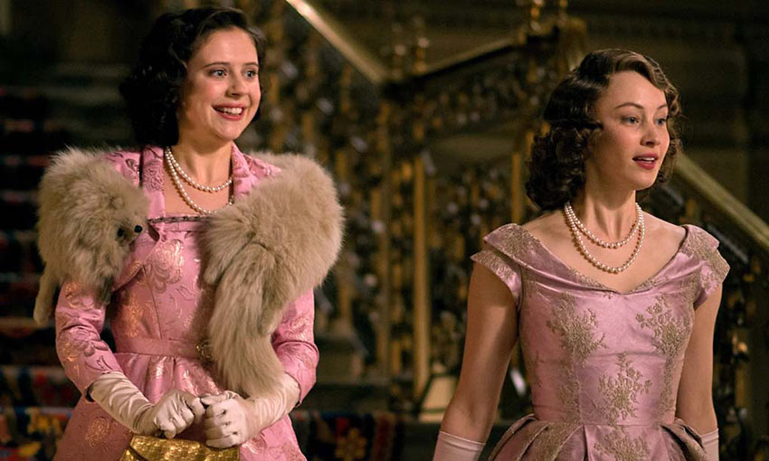 Princesses Margaret Rose (Bel Powley) and future queen Elizabeth II, (Sarah Gadon)