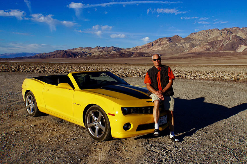 the author with a Bumblebee Camaro near Badwater Basin in Death Valley