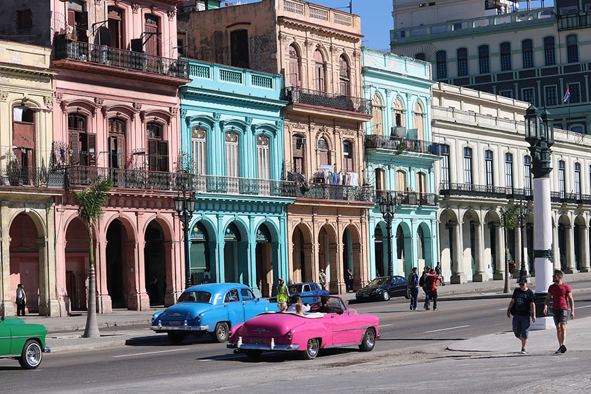 downtown Havana, Cuba showing vintage American cars