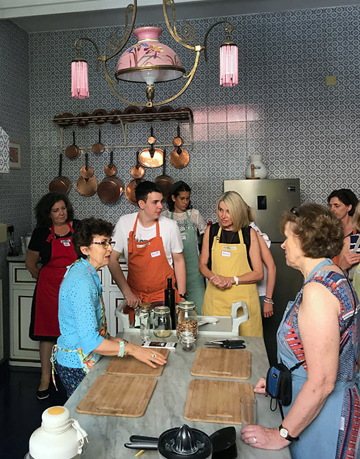 Duchess Nicoletta Tomasi in her kitchen with guests, Palazzo Lanza Tomasi, Palermo, Sicily