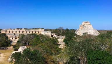 View of Uxmal ruins from the Great Pyramid