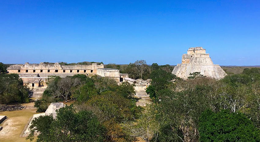 View of Uxmal ruins from the Great Pyramid