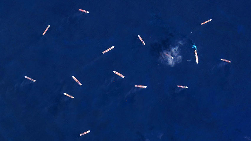 satellite view of cruise ships at Great Harbour Cay, Bahamas
