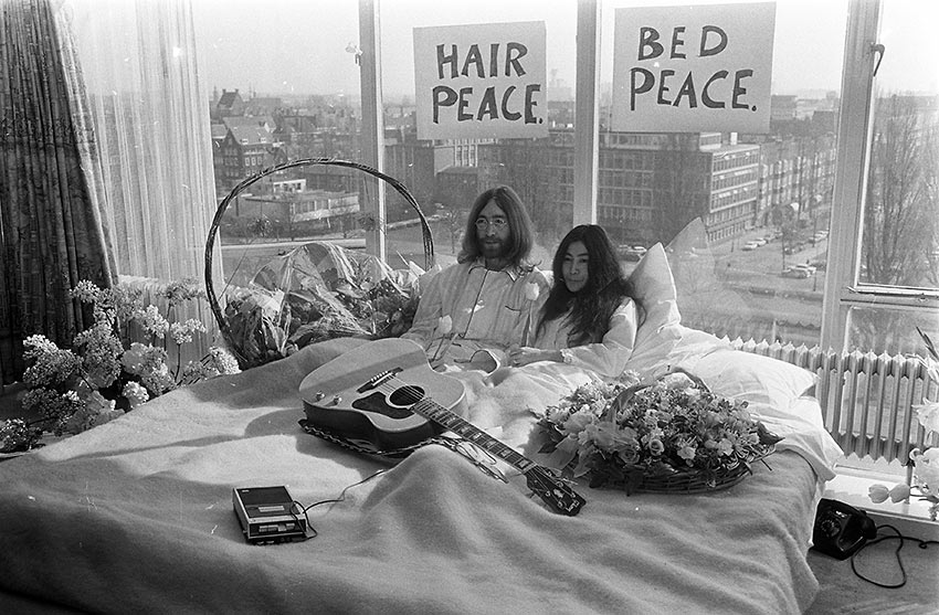 John Lennon and Yoko Ono in 1969’s Bed-in for Peace in Montréal