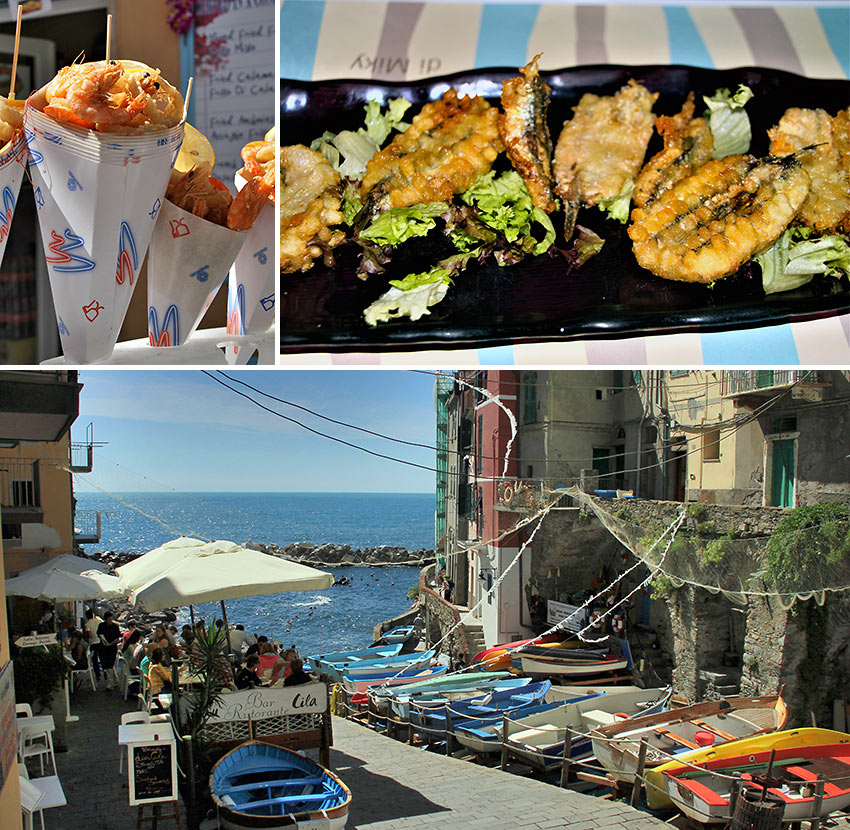 Cinque Terre seafood cone, fresh fish and the enchanting town at Vernazza