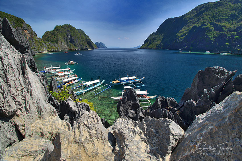 view of Bacuit Bay and islands from a view deck at Matinloc Island, El Nido