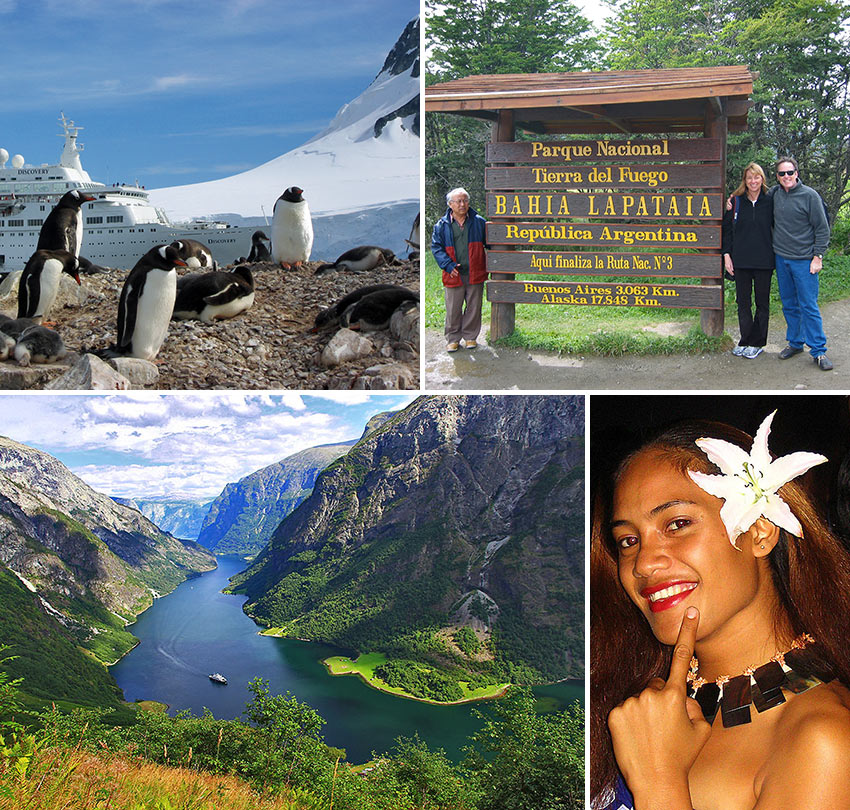 Antarctica, the Parque Nacional Tierra de Fuguo in Argentina, a Norwegian fjord and a Tahitian peformer