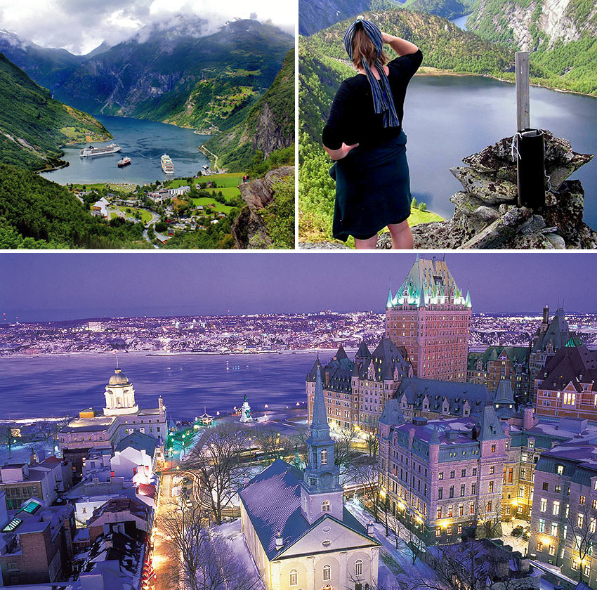 Norway's fjords and Québec City at night