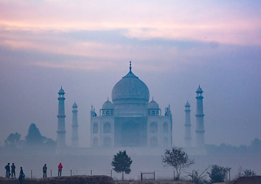 fog and smog at the Taj Mahal, Agra, India