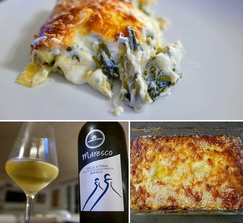 baked lasagne with artichokes and spinach and Maresco wine