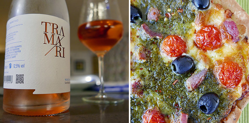 whole wheat, flat bread pizza and Tramari wine