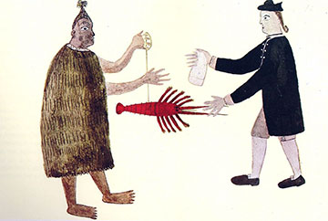 English naval officer bartering with a Maori in the 18th century