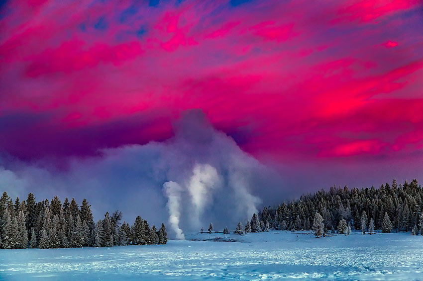 geyser at Yellowstone National Park in winter
